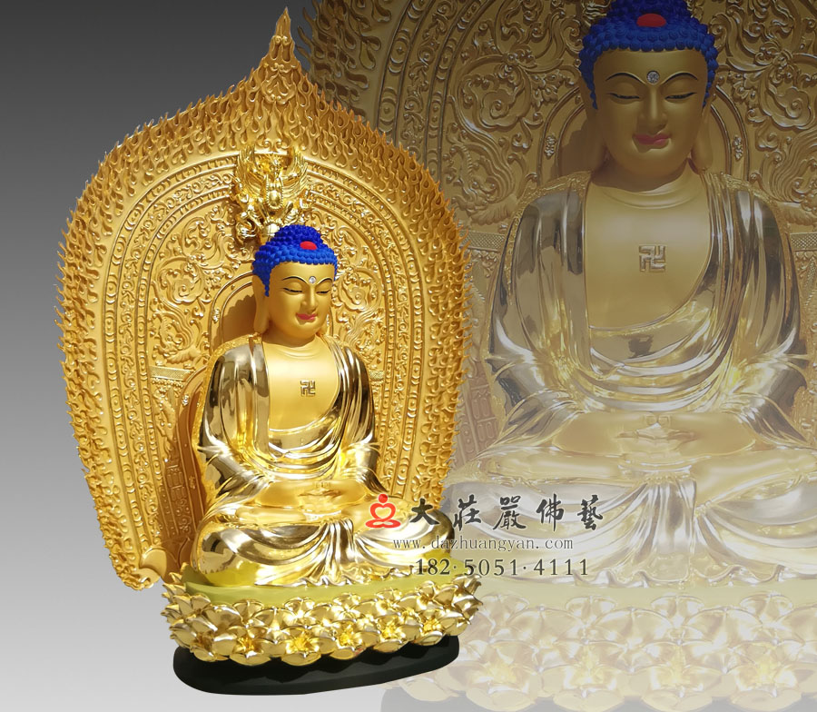 铜雕三宝佛之释迦牟尼佛侧面贴金佛像