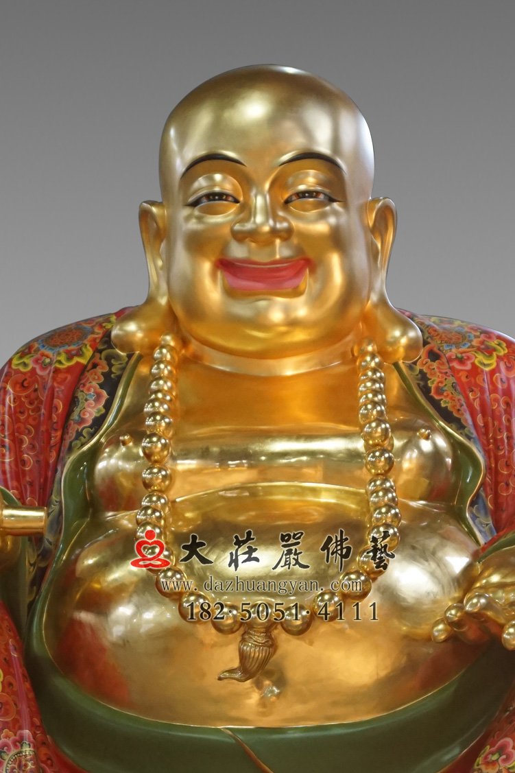 铜雕弥勒佛正面近照彩绘贴金佛像